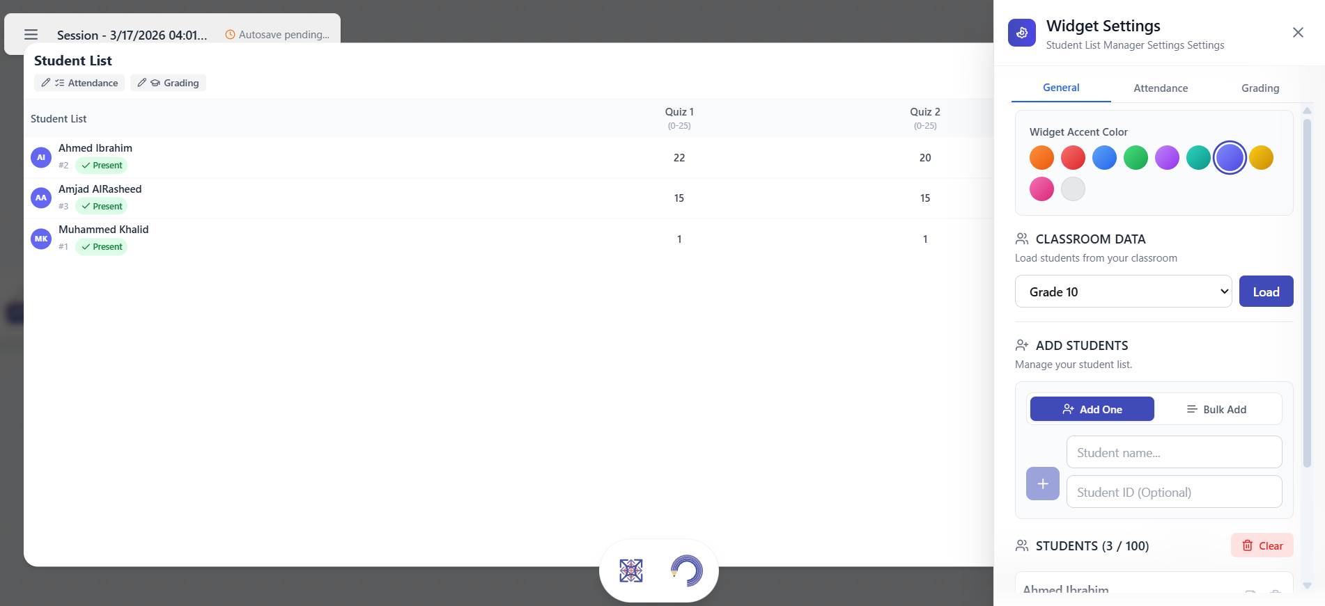 Student List Manager widget preview